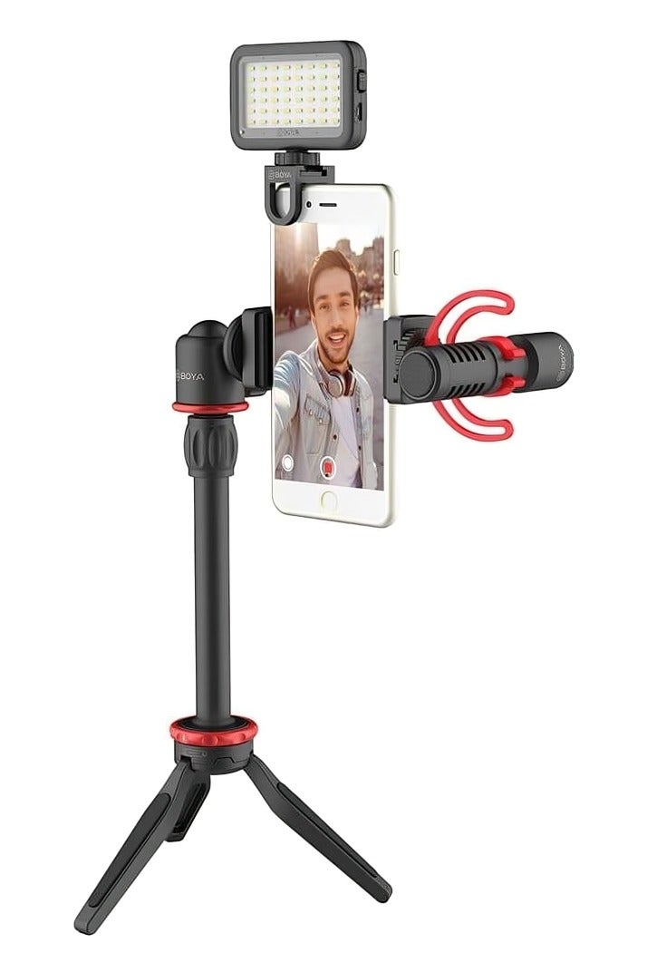 BOYA Plastic Tripod Stand Ultimate With Microphone , LED Light And Plastic Holder For Smartphone Video kit - Black ( By-VG350 ) - Image 1