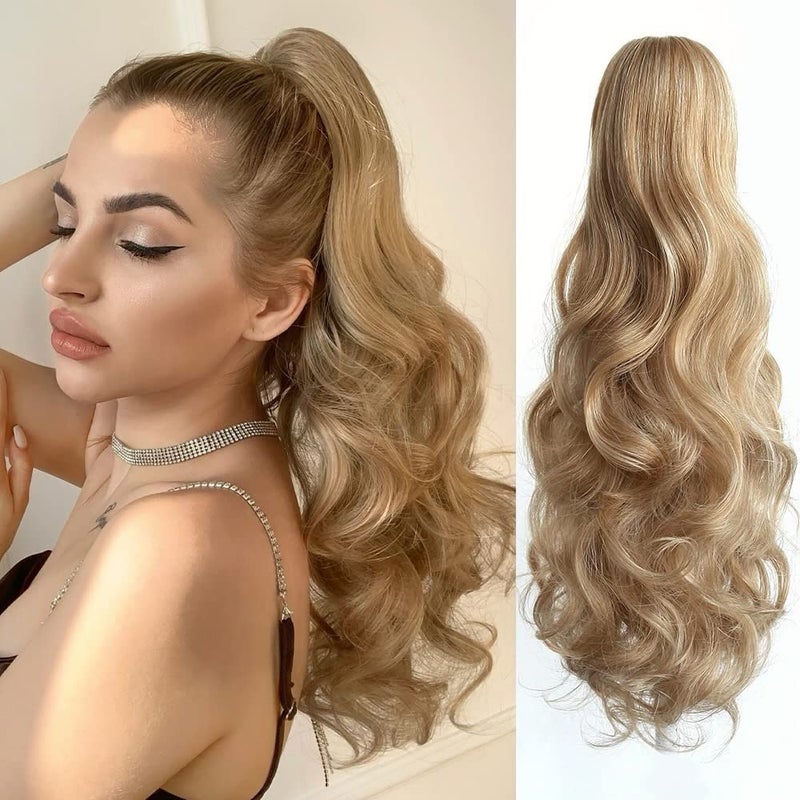 StrRid Ponytail Extension Wavy Curly 20 Long Synthetic Fake Pony Tail Wig Clip in Claw Clips Extensions Fluffy Faux Hair Pieces for Women Wedding Party Daily Use 6 Oz Brown Blonde Mix