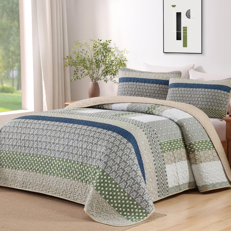 WONGS BEDDING Boho Quilt King Size, Bohemian Stripe Quilt Sets 3 Pieces Khaki Green Quilted Bedspread Set Lightweight Microfiber Coverlet Bedding Set All Season (104"x90") - Image 1