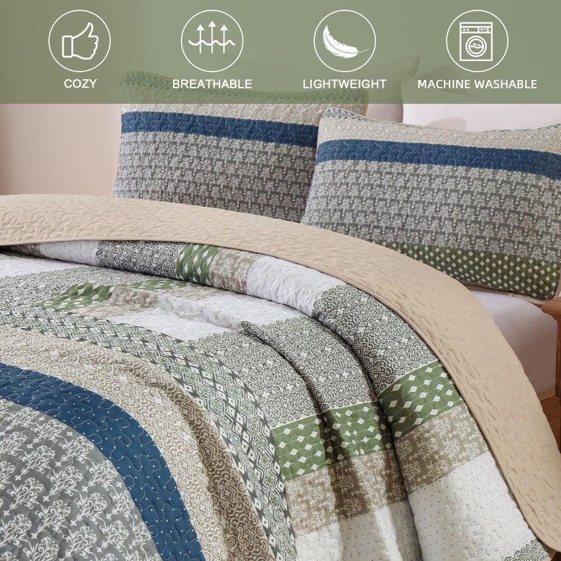 WONGS BEDDING Boho Quilt King Size, Bohemian Stripe Quilt Sets 3 Pieces Khaki Green Quilted Bedspread Set Lightweight Microfiber Coverlet Bedding Set All Season (104"x90") - Image 4