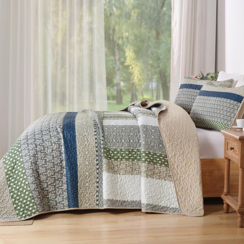 WONGS BEDDING Boho Quilt King Size, Bohemian Stripe Quilt Sets 3 Pieces Khaki Green Quilted Bedspread Set Lightweight Microfiber Coverlet Bedding Set All Season (104"x90") - Image 3