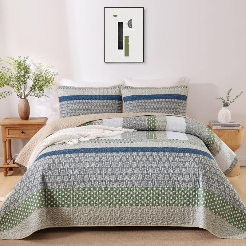 WONGS BEDDING Boho Quilt King Size, Bohemian Stripe Quilt Sets 3 Pieces Khaki Green Quilted Bedspread Set Lightweight Microfiber Coverlet Bedding Set All Season (104"x90") - Image 2