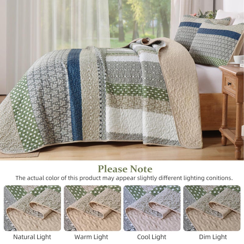 WONGS BEDDING Boho Quilt King Size, Bohemian Stripe Quilt Sets 3 Pieces Khaki Green Quilted Bedspread Set Lightweight Microfiber Coverlet Bedding Set All Season (104"x90") - Image 5