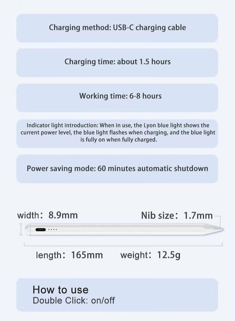 قلم ستايلس ذكي للأجهزة اللوحية – متوافق مع iPad (2018–2025)، أندرويد، وويندوز – رفض راحة اليد، شحن USB-C، حساسية الميل، مغناطيسي، رأس دقيق عالي الجودة