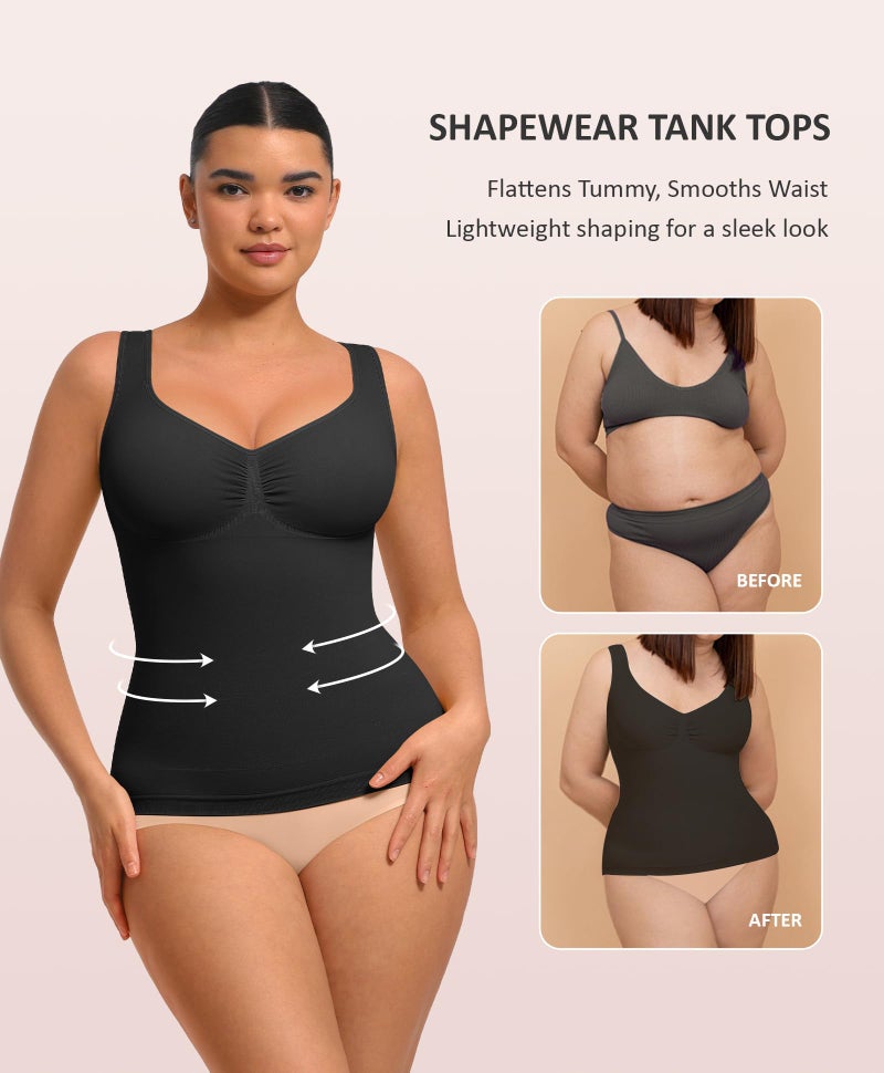 FeelinGirl Women Tank Tops Shapewear: Tummy Control Compression Tank V Neck Seamless Body Shaper Camisole Tops for Women Black XL - Image 2