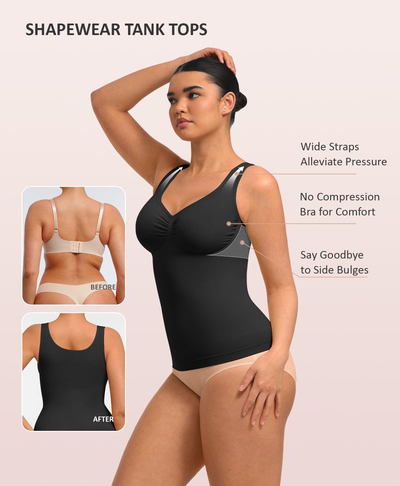 FeelinGirl Women Tank Tops Shapewear: Tummy Control Compression Tank V Neck Seamless Body Shaper Camisole Tops for Women Black XL - Image 3