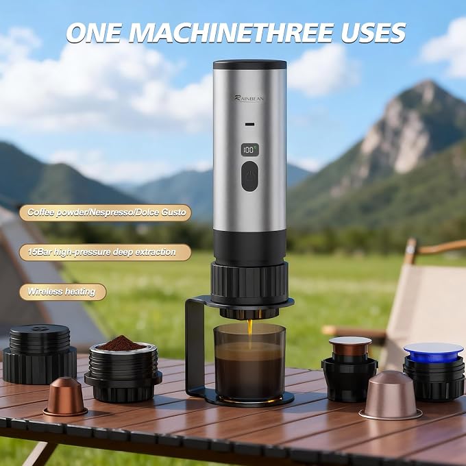 RAINBEAN Portable Electric Espresso Maker,2-in-1 Travel Coffee Maker for Ground/NS&DG Capsules, Car Espresso Machine Self-Heating for Camping, RV, Hiking, Office - Image 2