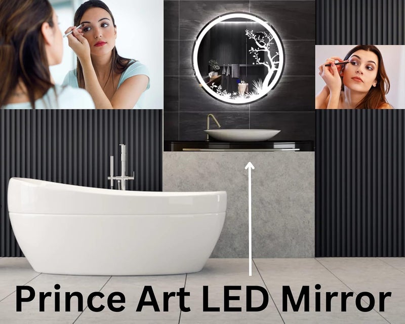 PRINCE ART LED Mirror Glass Bathroom Wall Decorative Led Mirror with Touch Sensor Lights Cabinet Vanity Wall Design Darpan Full Length for Home 21x21 Inch Round DH5 - Image 2