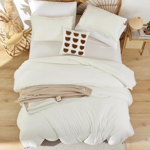 YIRDDEO Full Ivory Microfiber Comforter Set, 3pcs Boho Ball Pom Fringe Design Bedding Set (1 Comforter, 2 Pillowcases) - Image 4