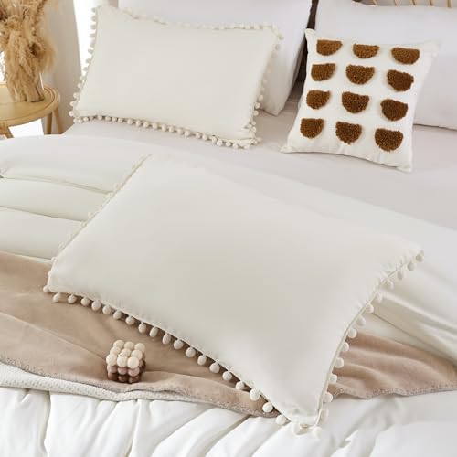 YIRDDEO Full Ivory Microfiber Comforter Set, 3pcs Boho Ball Pom Fringe Design Bedding Set (1 Comforter, 2 Pillowcases) - Image 5