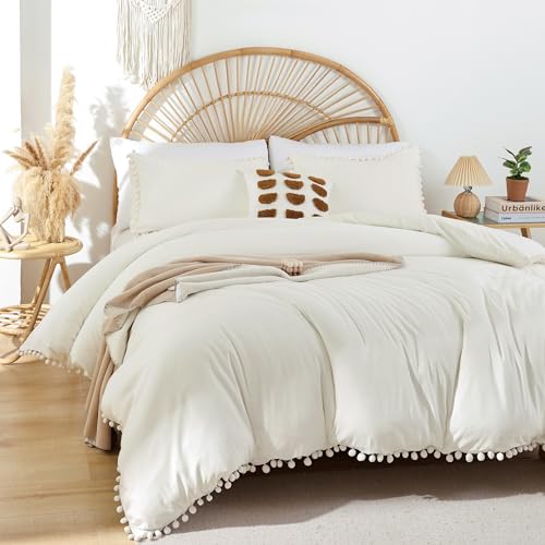 YIRDDEO Full Ivory Microfiber Comforter Set, 3pcs Boho Ball Pom Fringe Design Bedding Set (1 Comforter, 2 Pillowcases) - Image 1