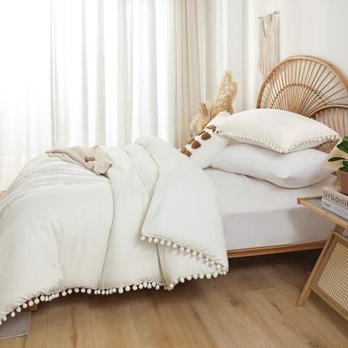 YIRDDEO Full Ivory Microfiber Comforter Set, 3pcs Boho Ball Pom Fringe Design Bedding Set (1 Comforter, 2 Pillowcases) - Image 3