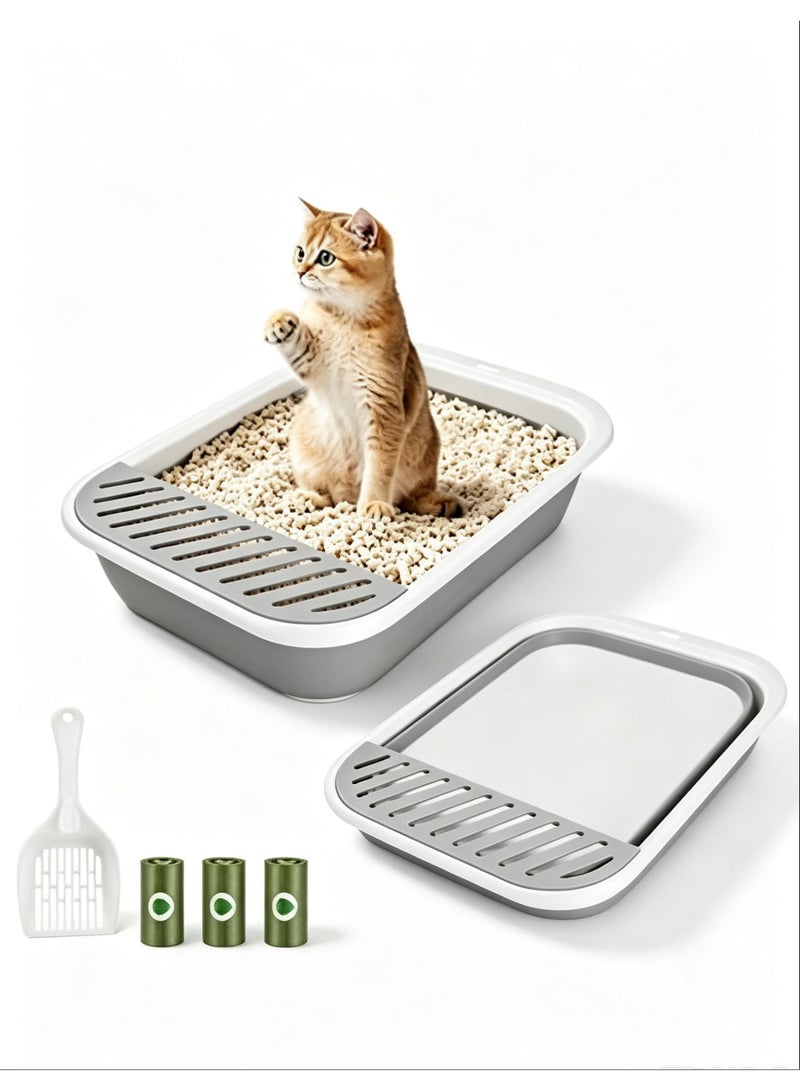 Arabest Collapsible Kitty Litter Box, Open Top Cat Litter Tray with Scoop and Litter Bag, Anti-Splashing Waterproof Cat Toilet Potty Pan(34x46CM, Grey) - Image 1
