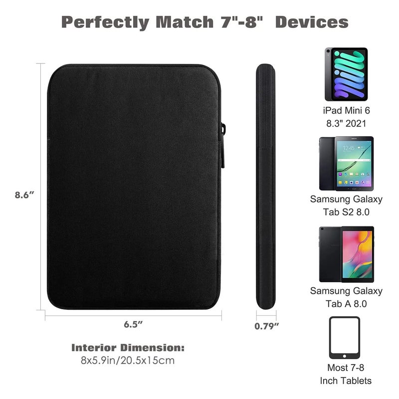 Moca 7-8 Inch Universal Tablet Sleeve Bag Pouch Case for iPad Mini 6th Gen 8.3" 2021, iPad Mini 5/4/3/2/1, Galaxy Tab S2 8.0, Tab A 8.0, A7 Lite 8.7/Tab A 8.0/Tab A 8.4 inch Tablet Sleeve (Black) - Image 4