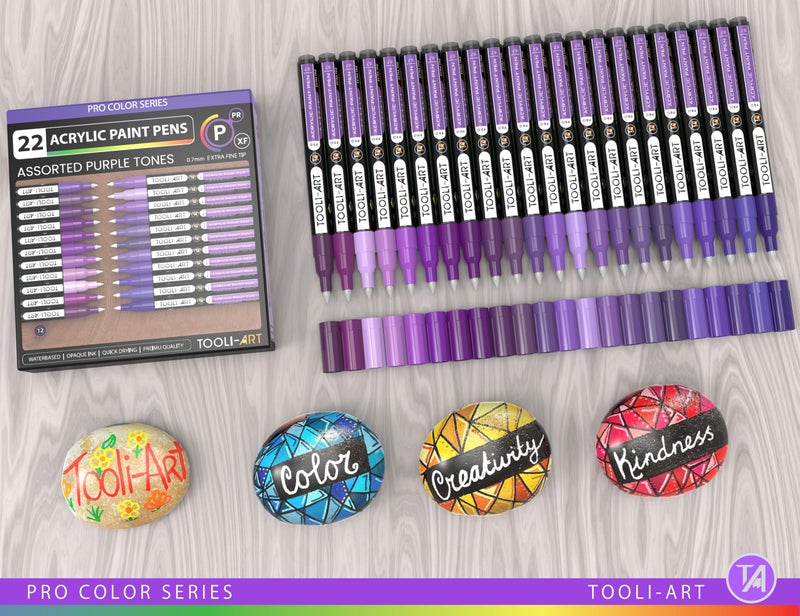 TOOLI-ART Acrylic Paint Pens 22 Purple Tones Assorted Pro Color Series Markers Set 0.7mm Extra Fine Tip for Rock Painting, Glass, Mugs, Wood, Metal, Canvas, Projects, Non Toxic, Waterbased, Quick Drying - Image 2