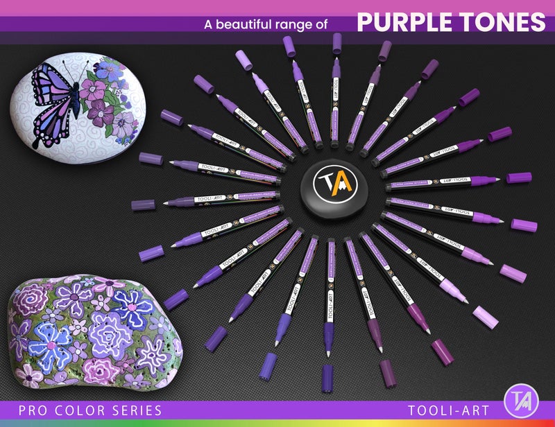 TOOLI-ART Acrylic Paint Pens 22 Purple Tones Assorted Pro Color Series Markers Set 0.7mm Extra Fine Tip for Rock Painting, Glass, Mugs, Wood, Metal, Canvas, Projects, Non Toxic, Waterbased, Quick Drying - Image 3