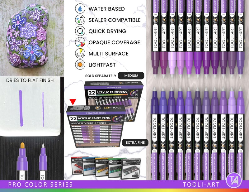 TOOLI-ART Acrylic Paint Pens 22 Purple Tones Assorted Pro Color Series Markers Set 0.7mm Extra Fine Tip for Rock Painting, Glass, Mugs, Wood, Metal, Canvas, Projects, Non Toxic, Waterbased, Quick Drying - Image 5