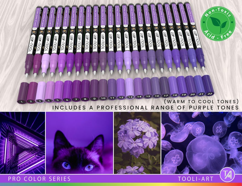 TOOLI-ART Acrylic Paint Pens 22 Purple Tones Assorted Pro Color Series Markers Set 0.7mm Extra Fine Tip for Rock Painting, Glass, Mugs, Wood, Metal, Canvas, Projects, Non Toxic, Waterbased, Quick Drying - Image 4