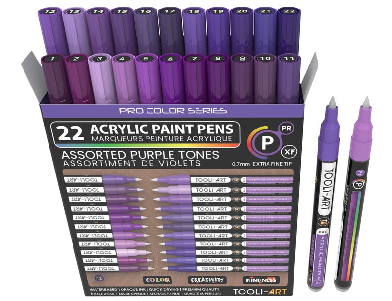 TOOLI-ART Acrylic Paint Pens 22 Purple Tones Assorted Pro Color Series Markers Set 0.7mm Extra Fine Tip for Rock Painting, Glass, Mugs, Wood, Metal, Canvas, Projects, Non Toxic, Waterbased, Quick Drying - Image 1