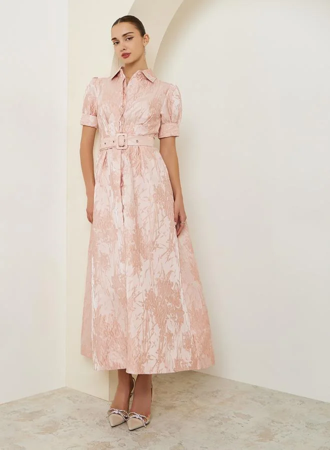 Pink Jacquard Puff Sleeves Shirt Maxi Dress