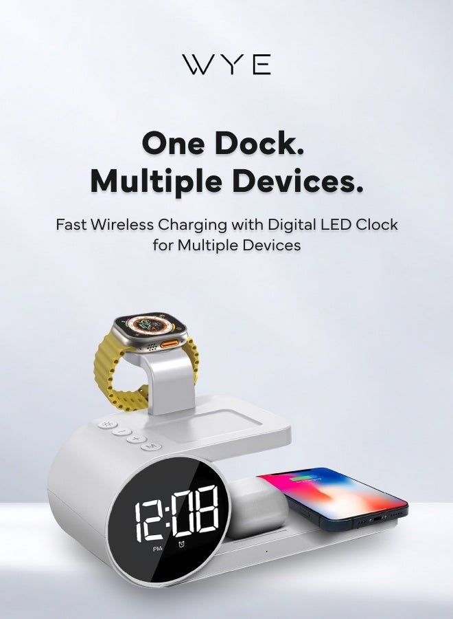 WYE 5-in-1 Wireless Charging Station with Digital LED Clock | Fast Wireless Charging Dock for Smartphone, Smartwatch, Earbuds & Multiple Devices | Multifunction Charging Stand with Alarm Clock Display - Image 2