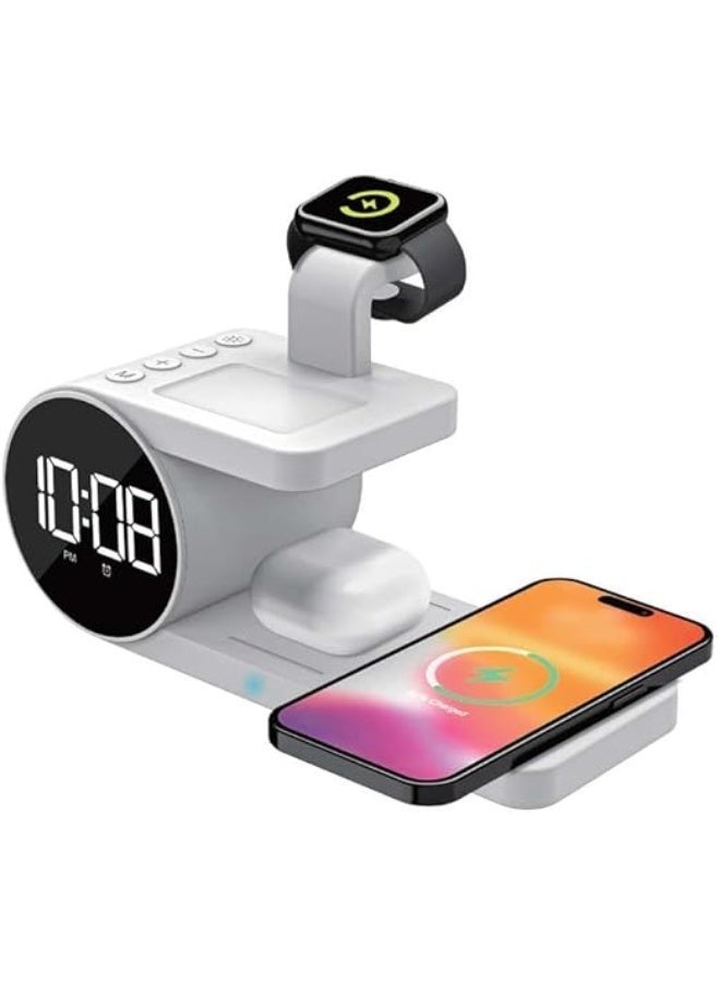 WYE 5-in-1 Wireless Charging Station with Digital LED Clock | Fast Wireless Charging Dock for Smartphone, Smartwatch, Earbuds & Multiple Devices | Multifunction Charging Stand with Alarm Clock Display - Image 1