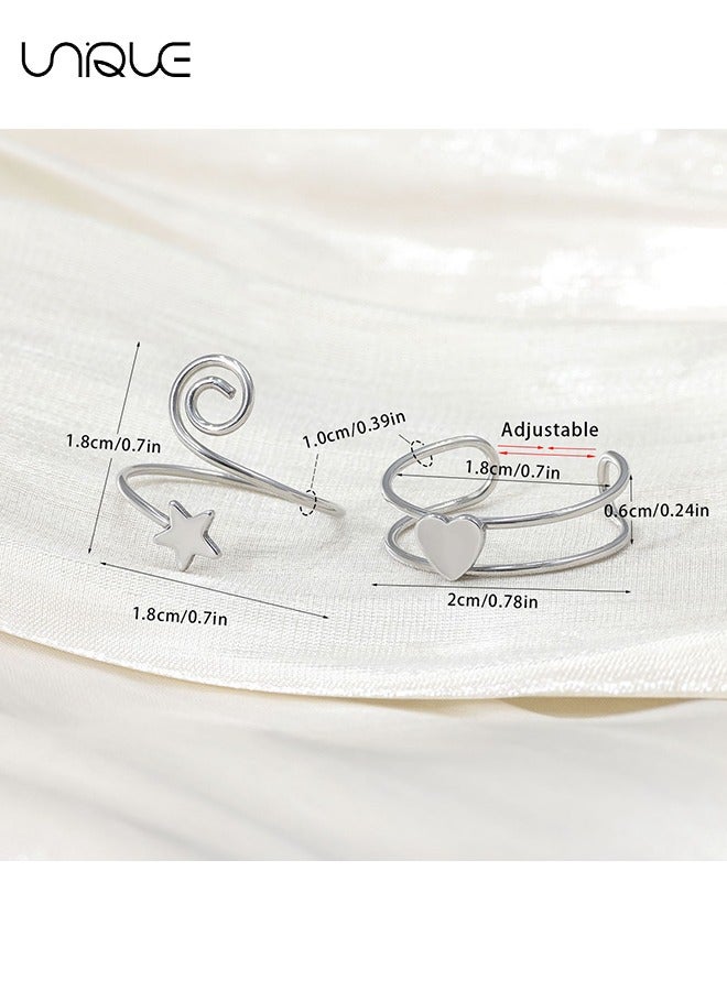 Unique 2 Pcs Toe Ring - Pentagram Foot Ring - Heart Shaped Foot Ring - Adjustable Toe Ring - Open Foot Ring - Silver - Image 2