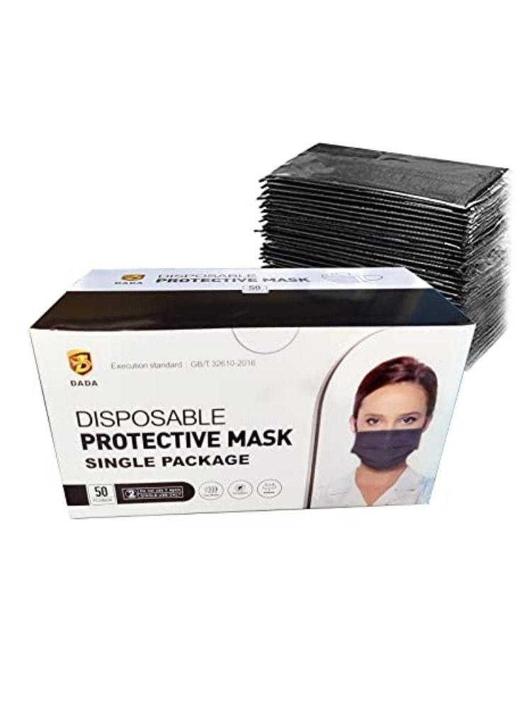 Dada 50-Pieces 3 Ply Disposable Face Mask For Adults Individually Packed Black - Image 1