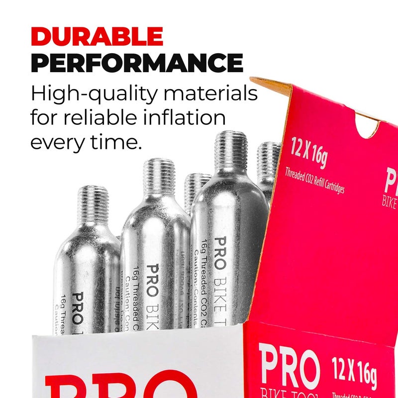 Pro Bike Tool أداة دراجة برو 16 جرام خراطيش CO2 - خراطيش CO2 ملولبة لإطارات الدراجات - تضخيم سريع للدراجات على الطرق، MTB، سيكلوكروس، الحصى، الدراجات الهجينة - محمولة، متينة، أساسية للإصلاحات أثناء التنقل - Image 5