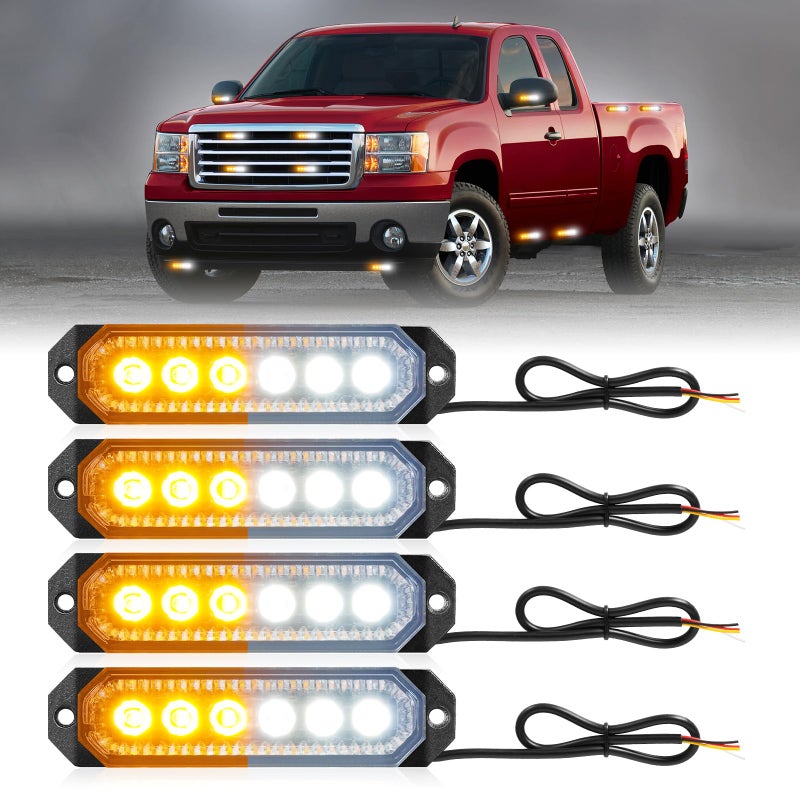 HLauto 406T Emergency Strobe Grille Lights 4Pcs 6 LED Sync Feature Safety Warning Flashing Light 12V24V Ultra Slim Surface Mount Hazard Caution Light for Truck Vehicle Car ATV UTV Amber White - Image 3