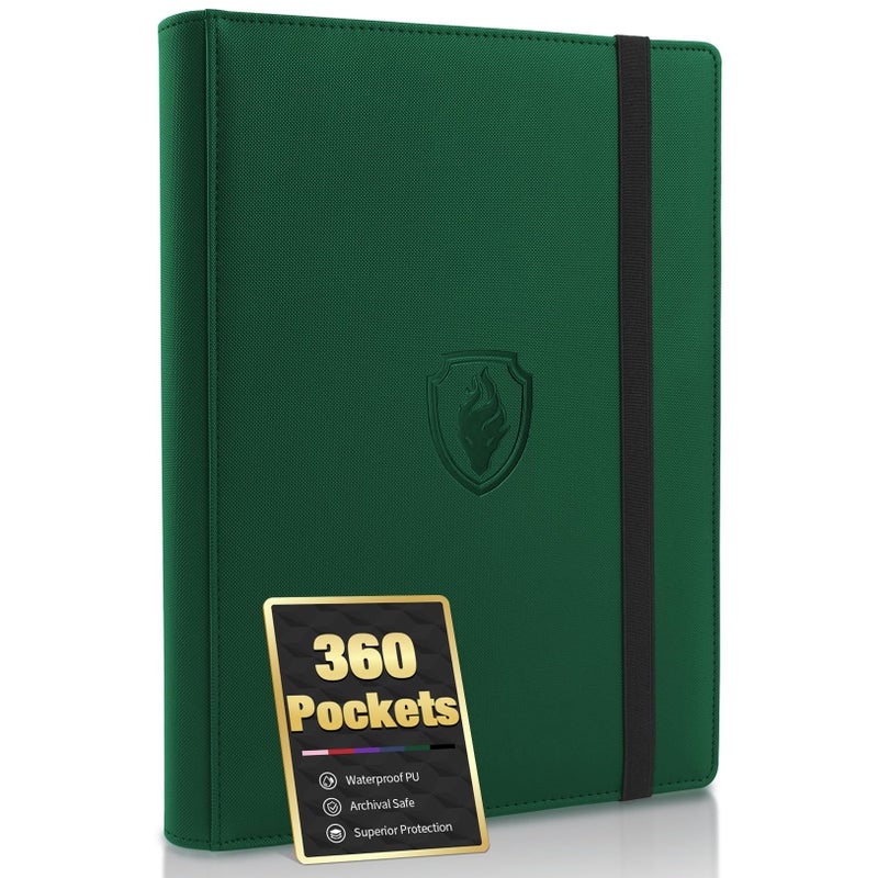 Fabmaker Premium 9 Pocket Card Binder for 360 Cards, Fabmaker PU Cover Trading Card Binder, Sturdy Card Collection Album, Sleek Card Holder Folders for Game Cards & Sports Cards, Dark Green - Image 1