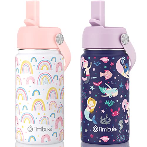 Fimibuke Kids Insulated Water Bottle 14oz BPA FREE Double Wall Vacuum Tumbler 188 Stainless Steel Leak Proof Kids Cups with Straw Metal Water Bottle for School Boy Girl 2 Pack RAINBOWMERMAID