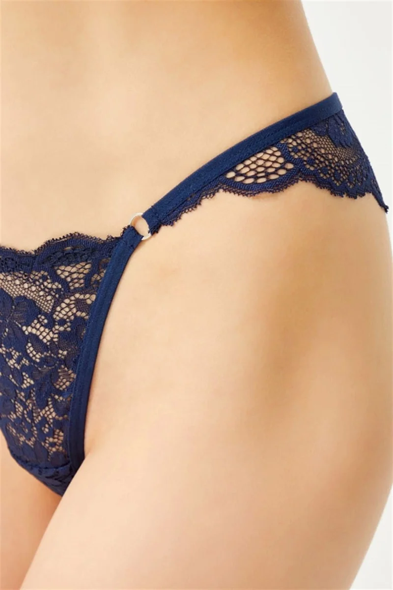 كوتن هيل Women's Brazilian Panties with Lace and Ring Detail-Navy Blue