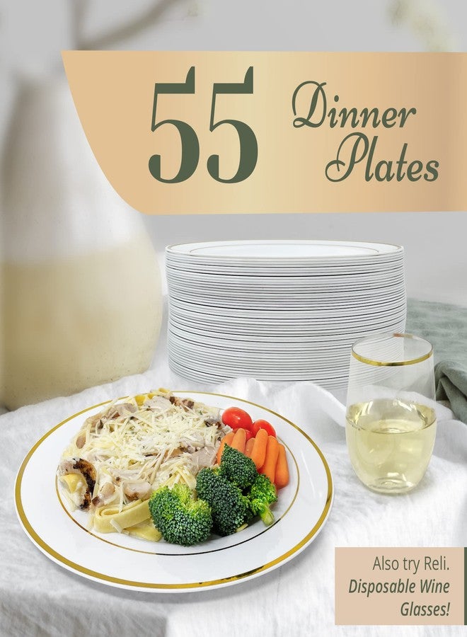 Reli. 55 Pcs Plastic Dinner Plates, Disposable (10.25 inch, White w/Gold Rim) | Plates for Party, Heavy Duty | Elegant White Dinner Tray | Hard Plastic, for Wedding, Birthday, Christmas - Image 2