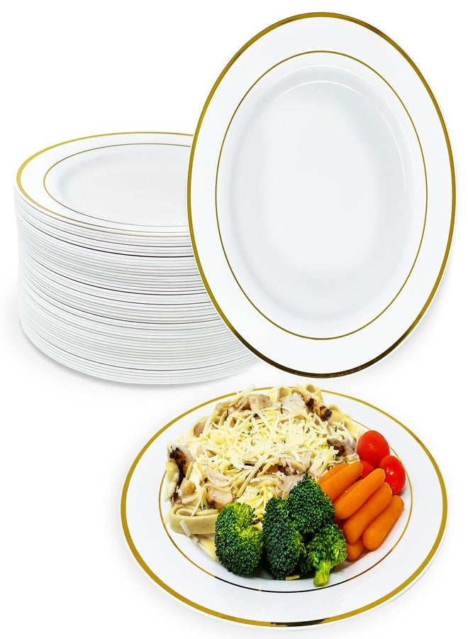 Reli. 55 Pcs Plastic Dinner Plates, Disposable (10.25 inch, White w/Gold Rim) | Plates for Party, Heavy Duty | Elegant White Dinner Tray | Hard Plastic, for Wedding, Birthday, Christmas - Image 1