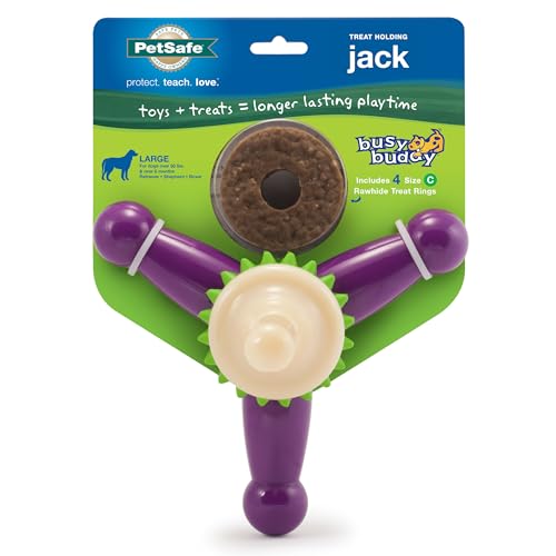 PetSafe Busy Buddy Jack Keeps Dog Busy Includes Treats Refill Treat Holding Dog Toy Helps Clean Teeth Durable Rubber Strong Chewers Dishwasher Safe Large Purple - Image 1