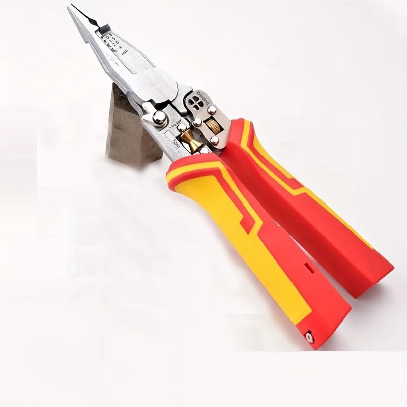 LiTuiLi 8-in-1 Wire Stripping Pliers with Voltage Tester, 55#Steel Multi-Function Pliers for Cutting Crimping Winding, Electrical Test Pliers with TPR Handle for Home Repair (Yellow Red) - Image 1
