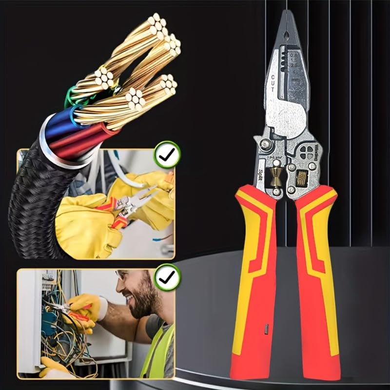 LiTuiLi 8-in-1 Wire Stripping Pliers with Voltage Tester, 55#Steel Multi-Function Pliers for Cutting Crimping Winding, Electrical Test Pliers with TPR Handle for Home Repair (Yellow Red) - Image 5