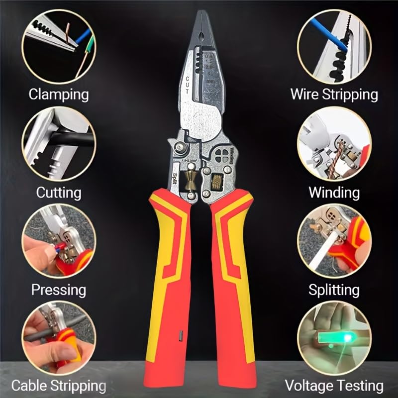 LiTuiLi 8-in-1 Wire Stripping Pliers with Voltage Tester, 55#Steel Multi-Function Pliers for Cutting Crimping Winding, Electrical Test Pliers with TPR Handle for Home Repair (Yellow Red) - Image 2