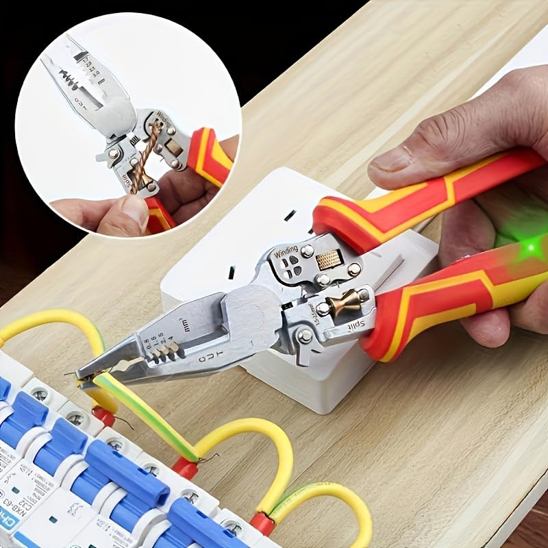 LiTuiLi 8-in-1 Wire Stripping Pliers with Voltage Tester, 55#Steel Multi-Function Pliers for Cutting Crimping Winding, Electrical Test Pliers with TPR Handle for Home Repair (Yellow Red) - Image 4