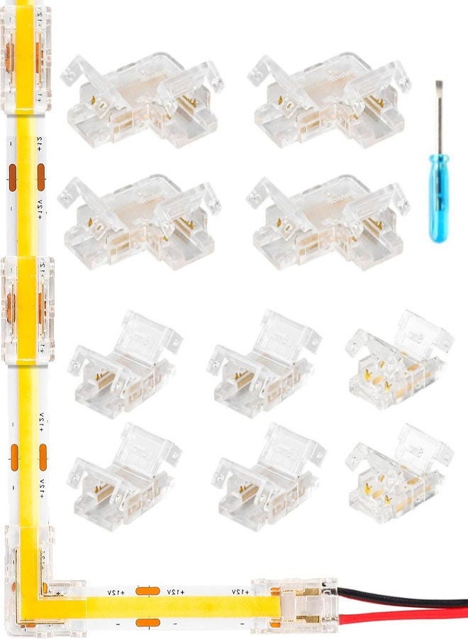 LED Strip Connectors, 10 Pcs 2 Pin 8mm COB LED Strip Connectors, Clear Gapless Connectors- 2 x Wire-to-Strip, 4 x Strip-to-Strip, 4 x L-Shape Connectors for LED Light Strips - Image 1