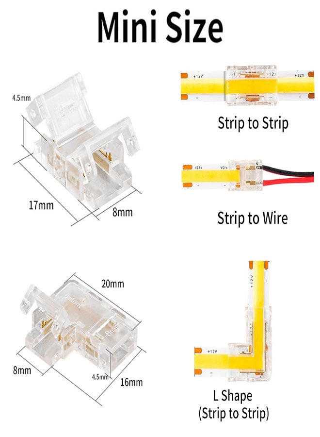 LED Strip Connectors, 10 Pcs 2 Pin 8mm COB LED Strip Connectors, Clear Gapless Connectors- 2 x Wire-to-Strip, 4 x Strip-to-Strip, 4 x L-Shape Connectors for LED Light Strips - Image 2