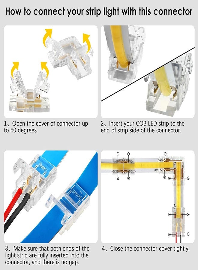 LED Strip Connectors, 10 Pcs 2 Pin 8mm COB LED Strip Connectors, Clear Gapless Connectors- 2 x Wire-to-Strip, 4 x Strip-to-Strip, 4 x L-Shape Connectors for LED Light Strips - Image 4
