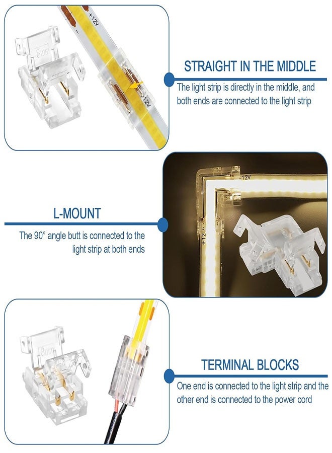 LED Strip Connectors, 10 Pcs 2 Pin 8mm COB LED Strip Connectors, Clear Gapless Connectors- 2 x Wire-to-Strip, 4 x Strip-to-Strip, 4 x L-Shape Connectors for LED Light Strips - Image 5