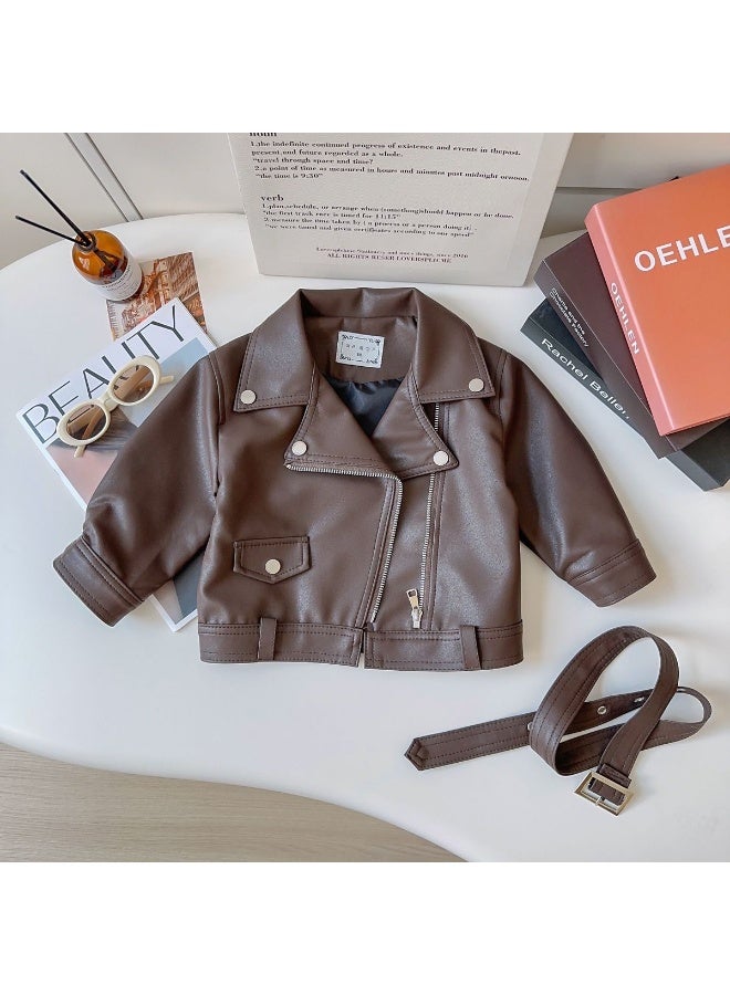 Ayada Home Girls Brown Faux Leather Biker Jacket, Belted Moto Style Coat - Image 5