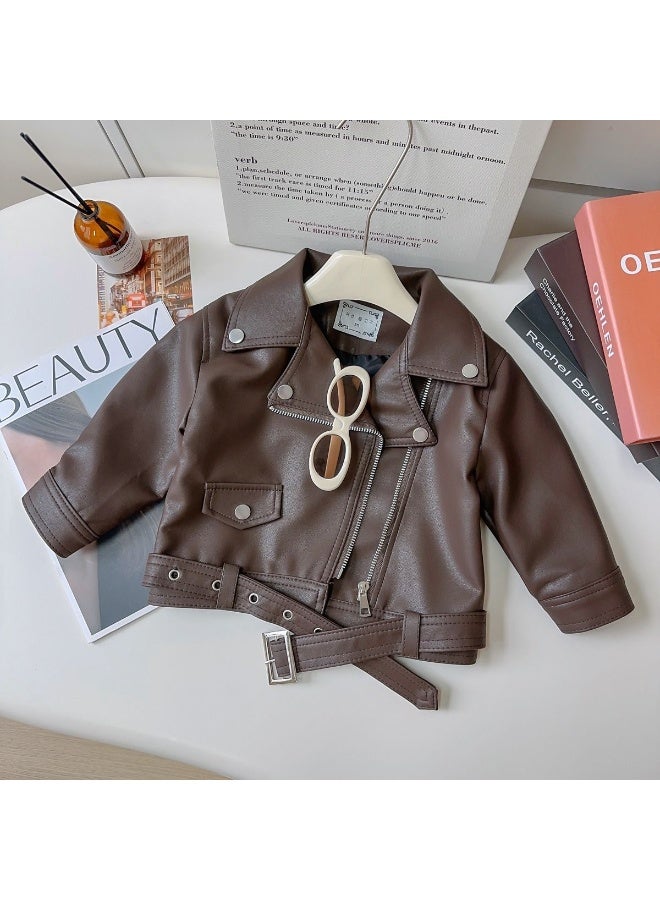 Ayada Home Girls Brown Faux Leather Biker Jacket, Belted Moto Style Coat - Image 4