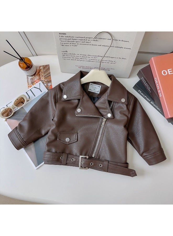 Ayada Home Girls Brown Faux Leather Biker Jacket, Belted Moto Style Coat - Image 1