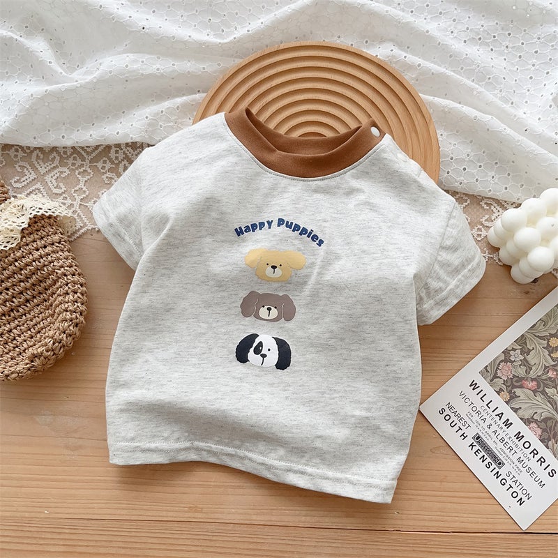 Korean Style Baby Clothes 2024 Summer New 1-3 Years Old Baby Boy Cotton Two-Piece Thin Class A Outfit Gray coffee collar [short sleeve T-shirt]]