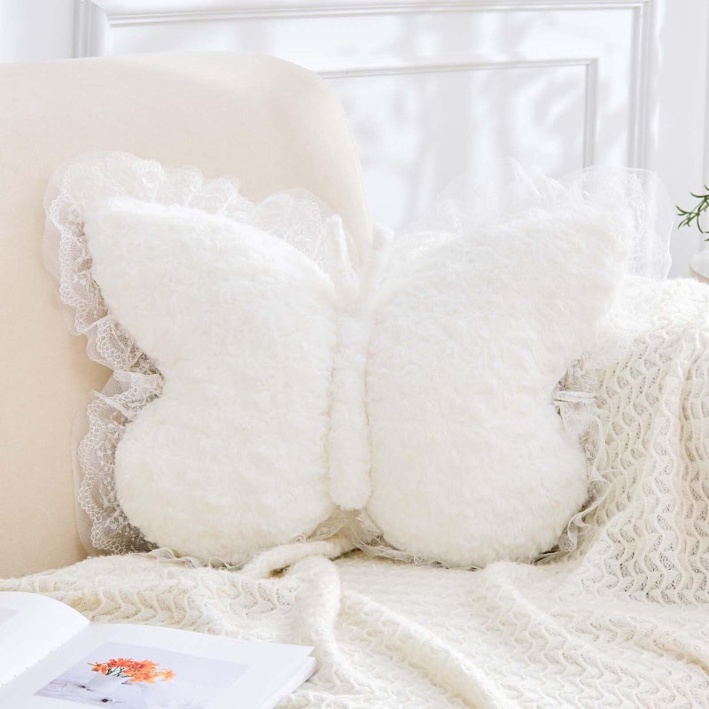 XVTRU Butterfly Pillow White Decorative Pillows 15 Butterfly Shaped Cute Throw Pillows with Lace Aesthetic Bow Plush Cushion for Room Decor Bed Sofa Couch - Image 2