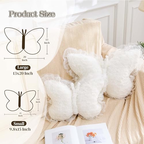 XVTRU Butterfly Pillow White Decorative Pillows 15 Butterfly Shaped Cute Throw Pillows with Lace Aesthetic Bow Plush Cushion for Room Decor Bed Sofa Couch - Image 3